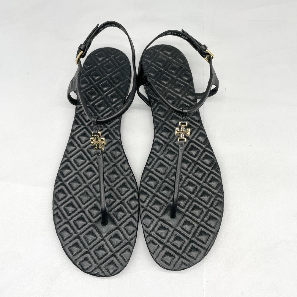 Tory Burch Womens 10.5M Marion Quilted Sandals Black Leather Thong Gold Logo